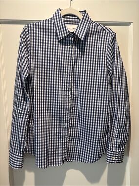 Classic Navy and White Gingham Button-Down Blouse
